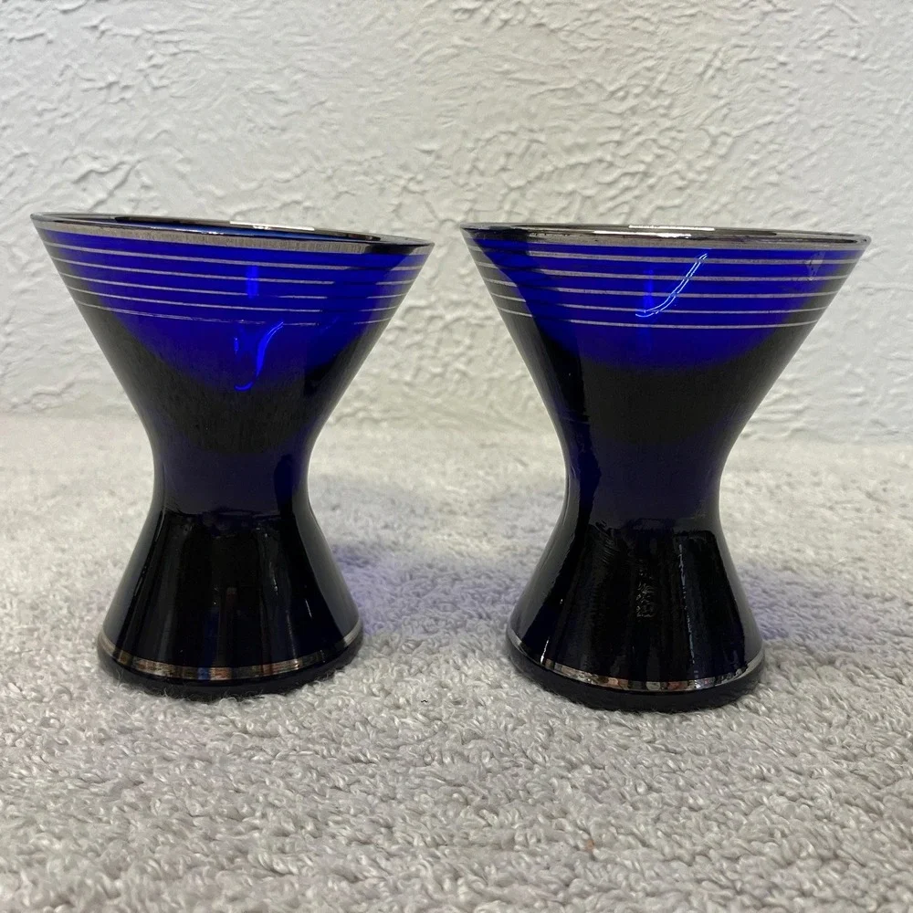 Vintage Set of 2 Cobalt Blue Cocktail‎ Glasses with Silver Platinum Banding MCM